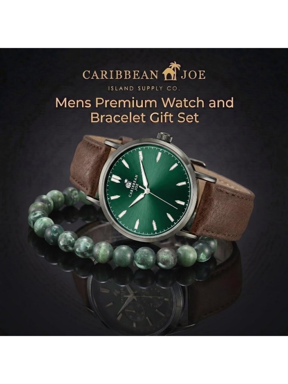 Men’s Green Brown Metal Case Beaded Bracelet Set Sunray Dial Wrist Watches - Picture 3 of 6